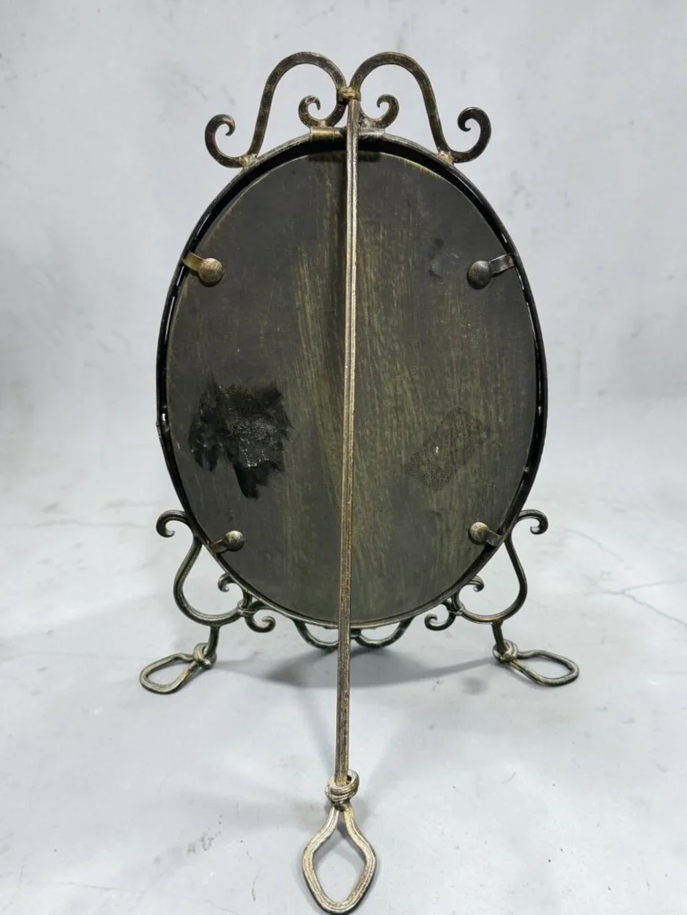 Vintage Ornate Oval Vanity Mirror With Cast Metal Frame & Decorative Stand